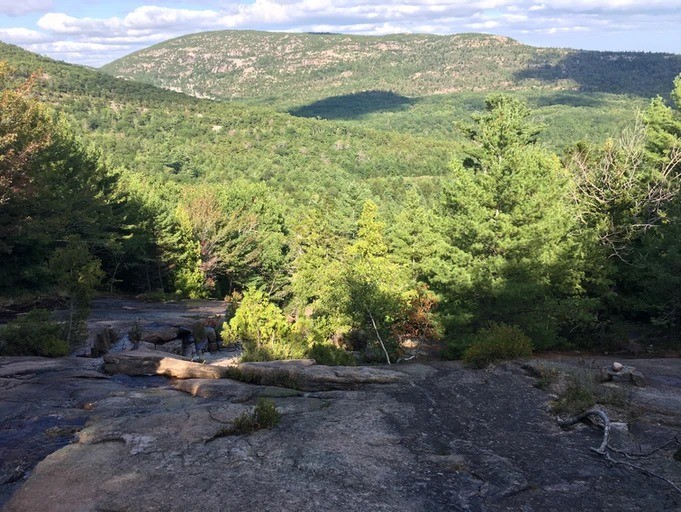 A view of trees and mountains from the top of a mountain.