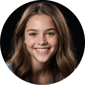 Smiling girl with long brown hair.