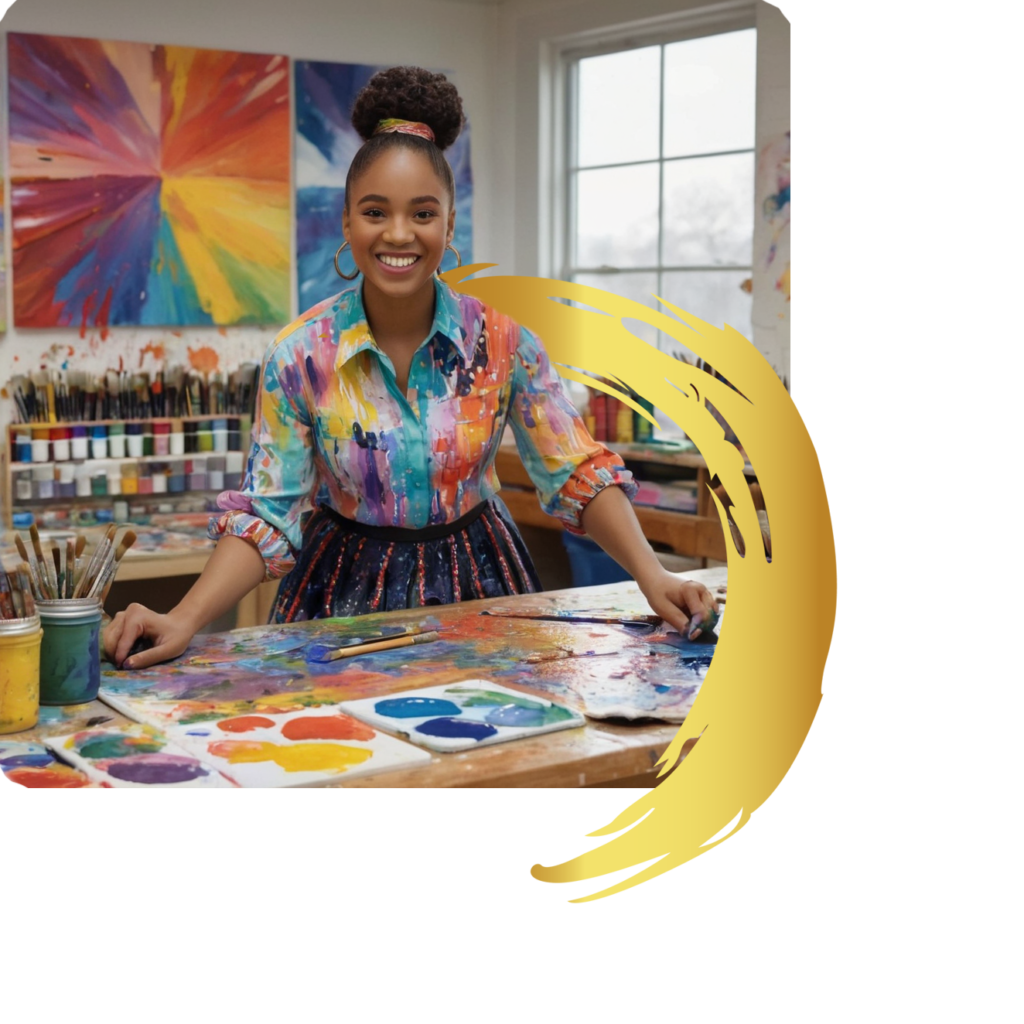 Woman artist paints in a studio.