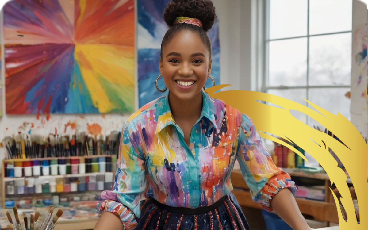 Smiling artist in colorful shirt and studio.